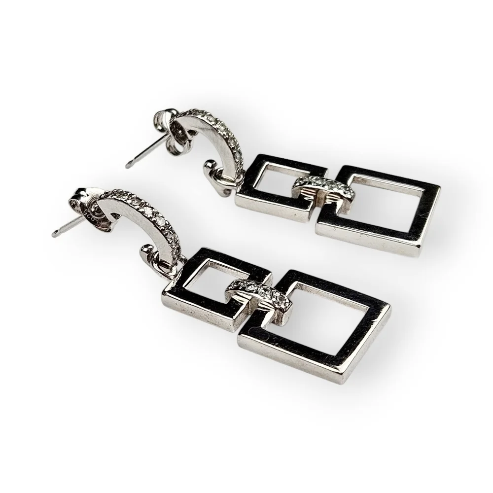 Sterling CZ Drop Post Earrings Rhodium Plated 925 Silver Double Square Prime Art